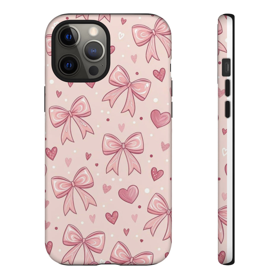 Pink Bow & Hearts Tough Phone Case — Cute Floral Ribbon iPhone Cover