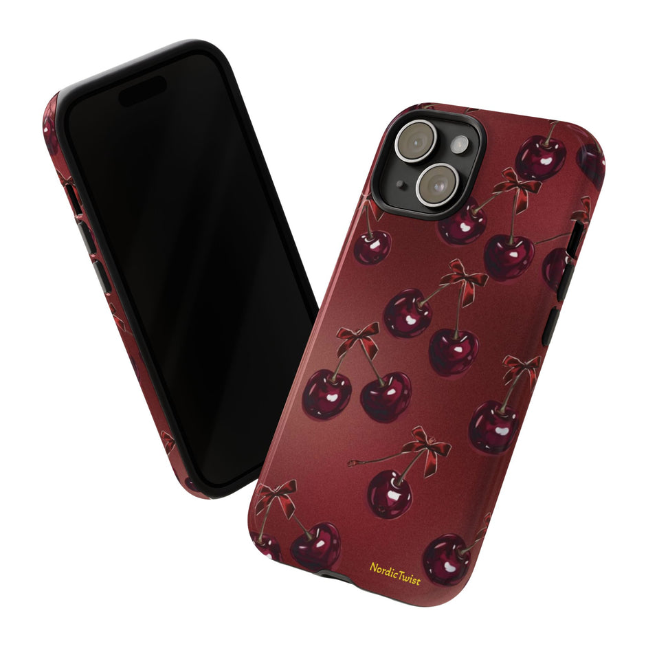 Cherry Pattern Tough Phone Case — Retro Dark Red Cherry iPhone Cover