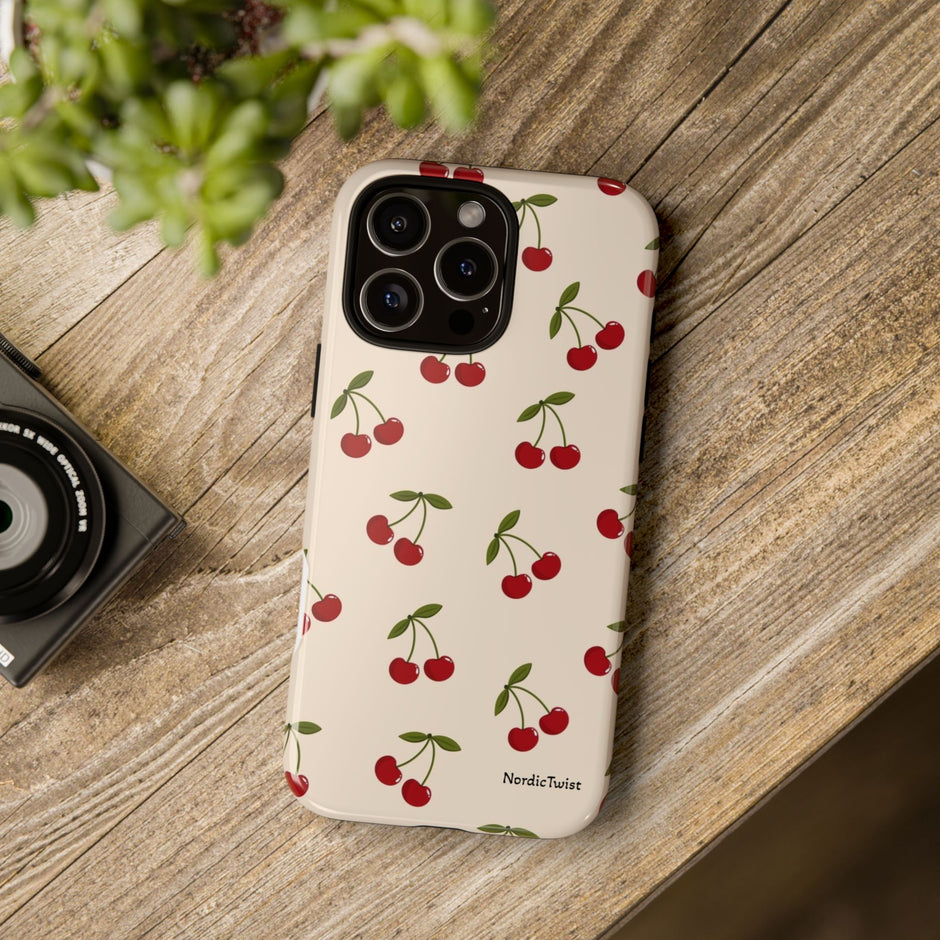 Cherry Pattern Tough Phone Case — Retro Red Cherries on Cream