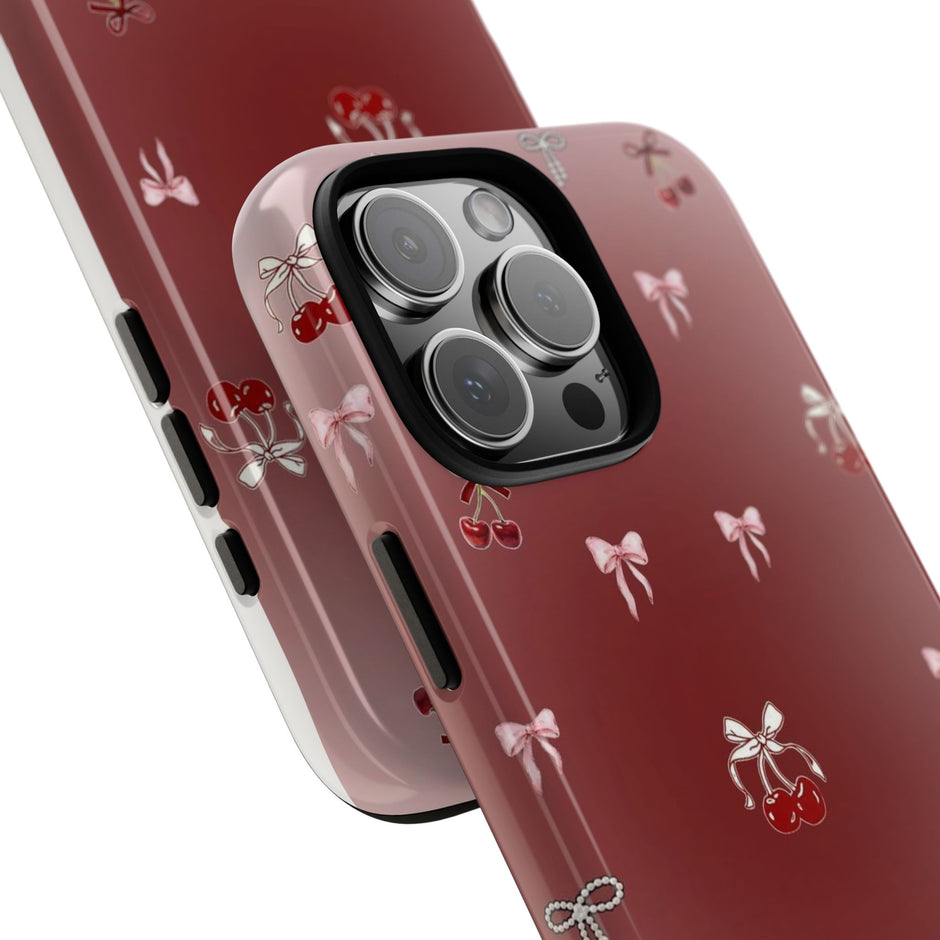Cherry Bow Phone Case — Cute Red Gradient Protective Cover