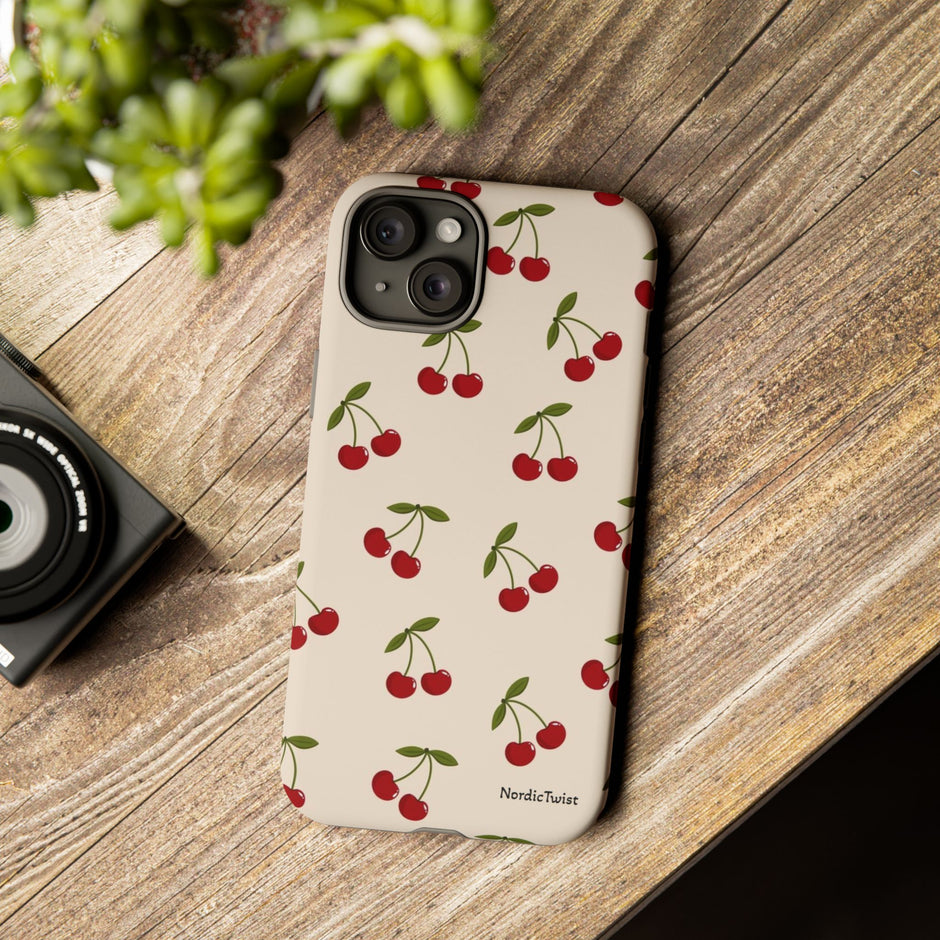 Cherry Pattern Tough Phone Case — Retro Red Cherries on Cream