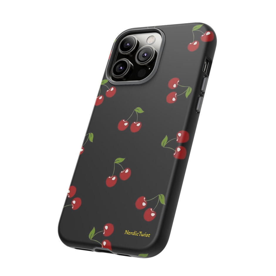 Cherry Pattern Tough Phone Case — Black Retro Cherry iPhone Cover