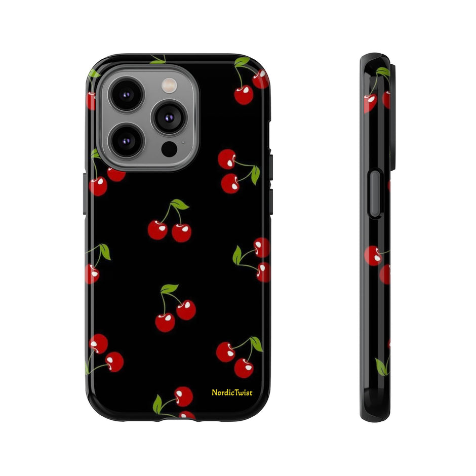 Cherry Pattern Tough Phone Case — Black Retro Cherry iPhone Cover