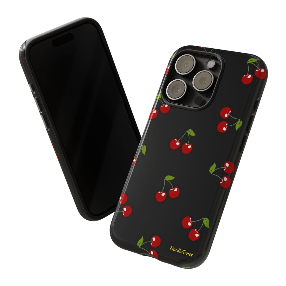 Cherry Pattern Tough Phone Case — Black Retro Cherry iPhone Cover