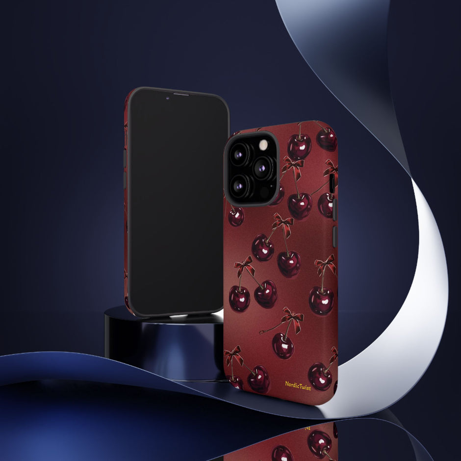 Cherry Pattern Tough Phone Case — Retro Dark Red Cherry iPhone Cover