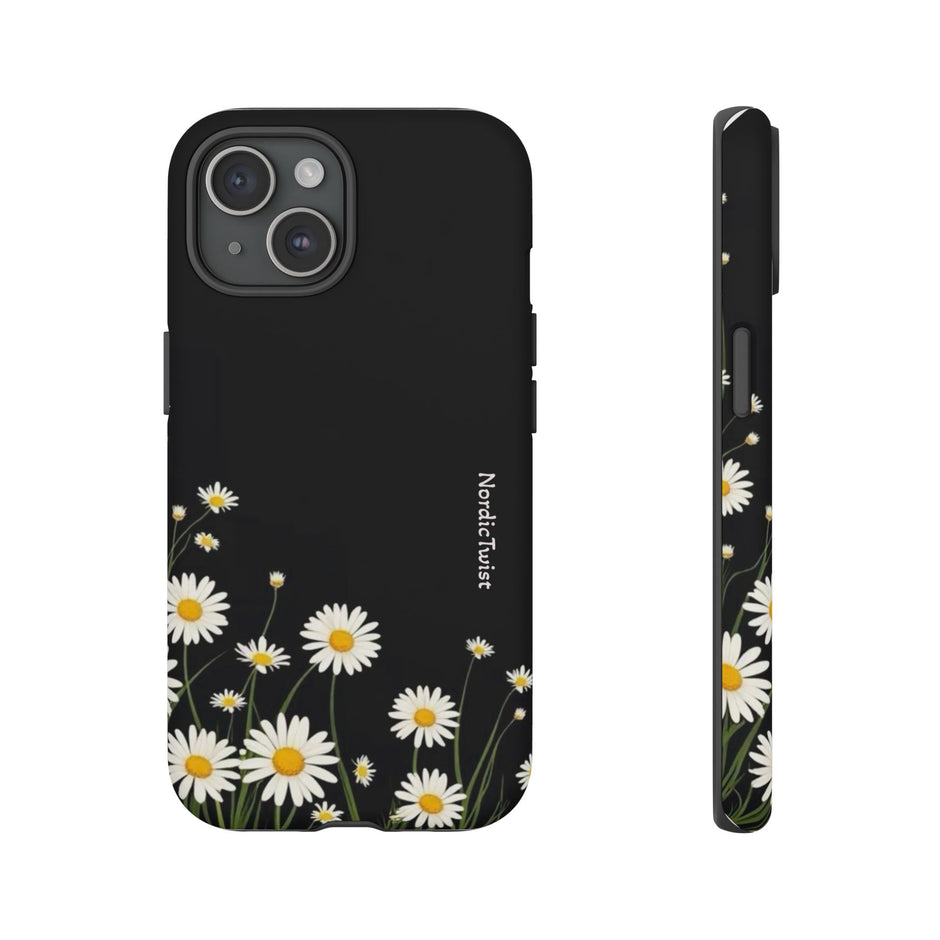 Daisy Floral Tough Phone Case – Protective Black Phone Cover with White Daisies