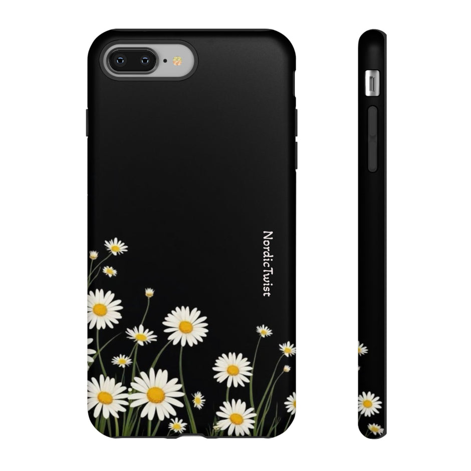 Daisy Floral Tough Phone Case – Protective Black Phone Cover with White Daisies