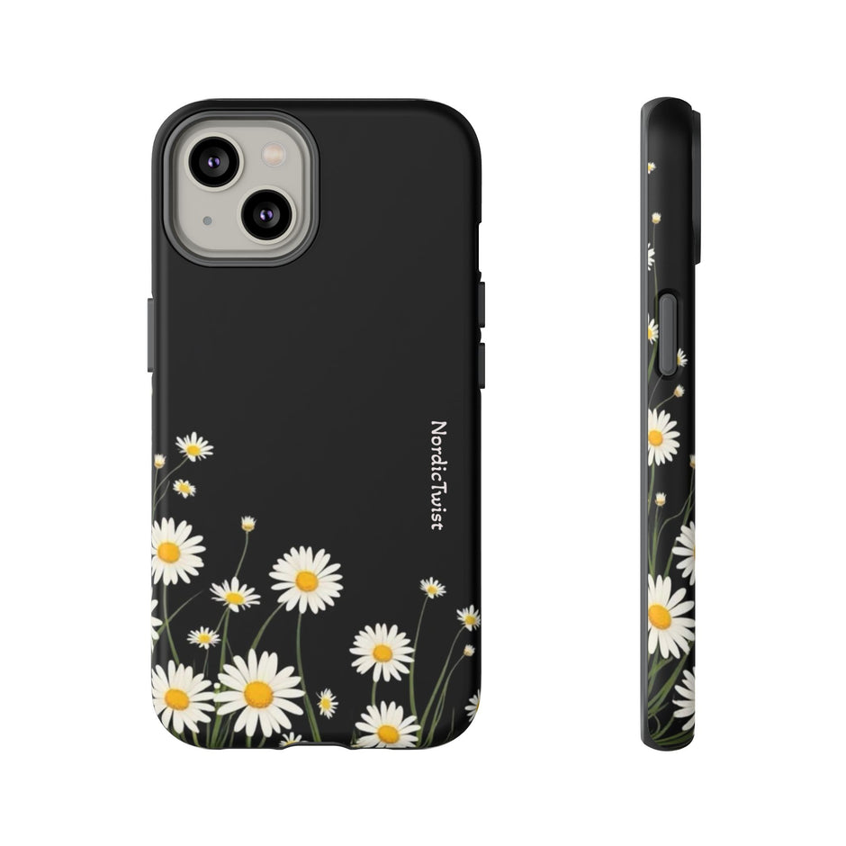 Daisy Floral Tough Phone Case – Protective Black Phone Cover with White Daisies
