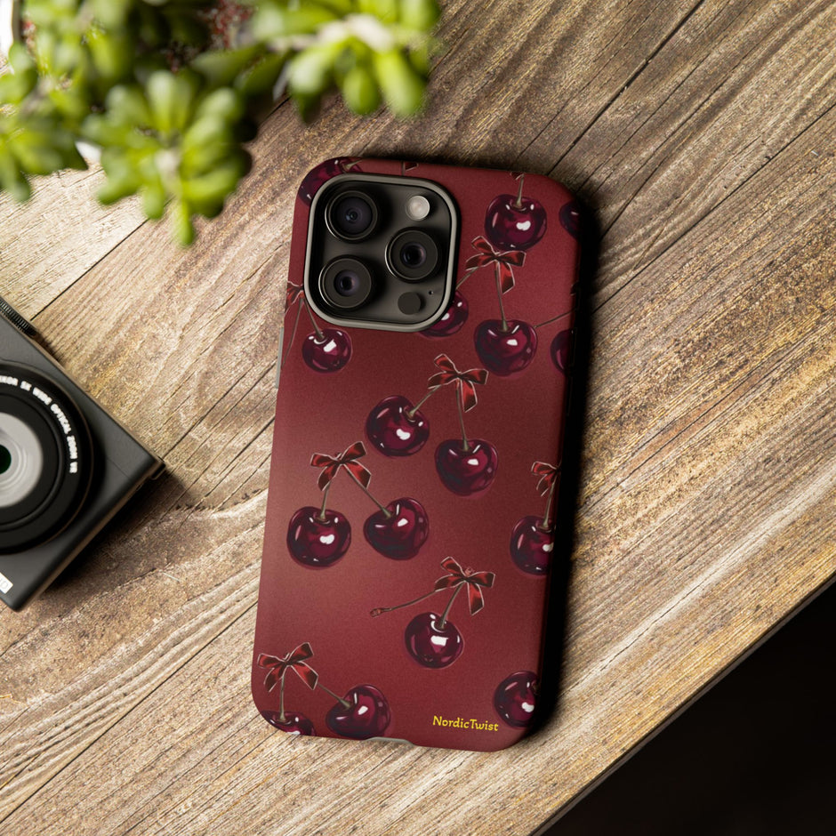Cherry Pattern Tough Phone Case — Retro Dark Red Cherry iPhone Cover