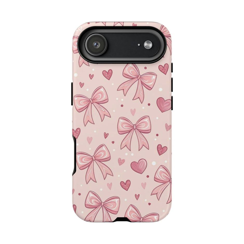 Pink Bow & Hearts Tough Phone Case — Cute Floral Ribbon iPhone Cover