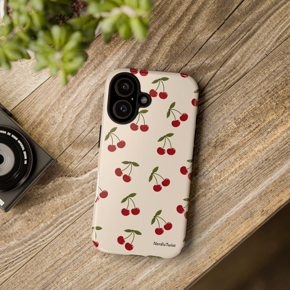 Cherry Pattern Tough Phone Case — Retro Red Cherries on Cream
