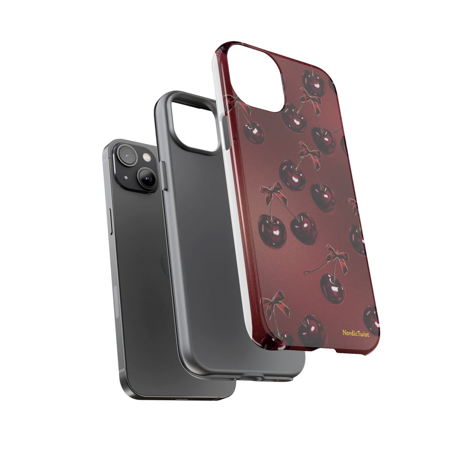 Cherry Pattern Tough Phone Case — Retro Dark Red Cherry iPhone Cover