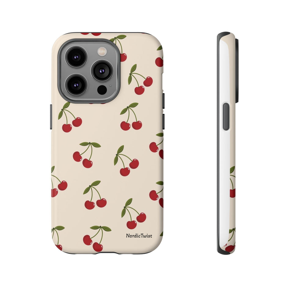 Cherry Pattern Tough Phone Case — Retro Red Cherries on Cream