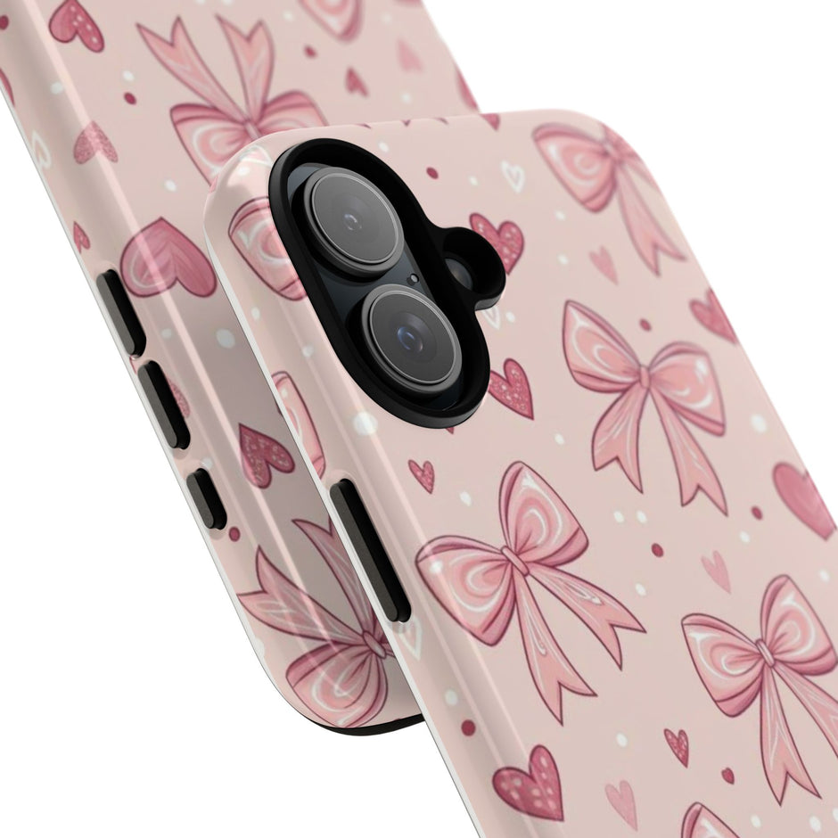 Pink Bow & Hearts Tough Phone Case — Cute Floral Ribbon iPhone Cover
