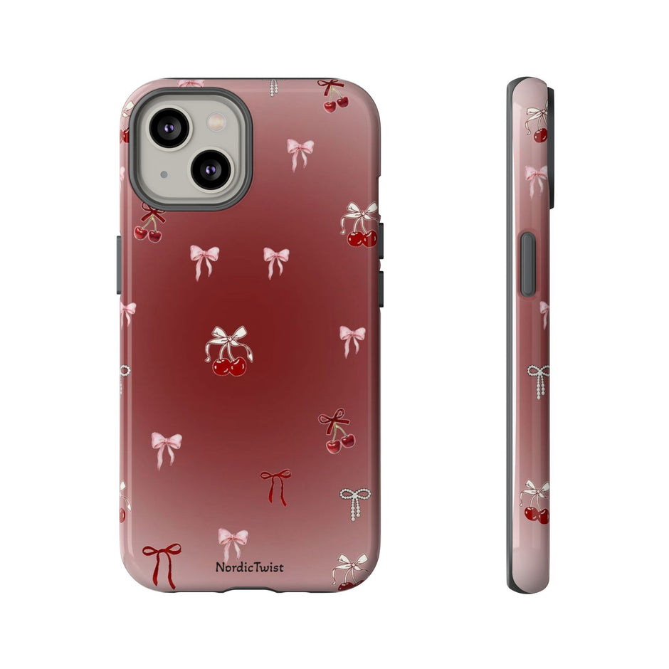 Cherry Bow Phone Case — Cute Red Gradient Protective Cover