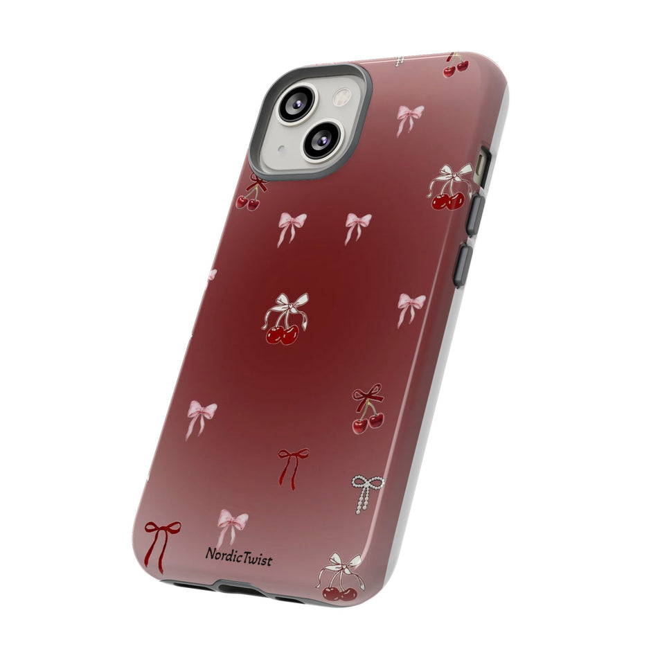 Cherry Bow Phone Case — Cute Red Gradient Protective Cover