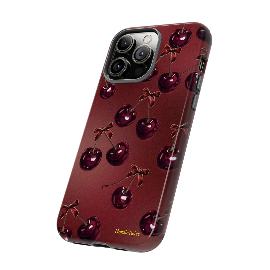 Cherry Pattern Tough Phone Case — Retro Dark Red Cherry iPhone Cover