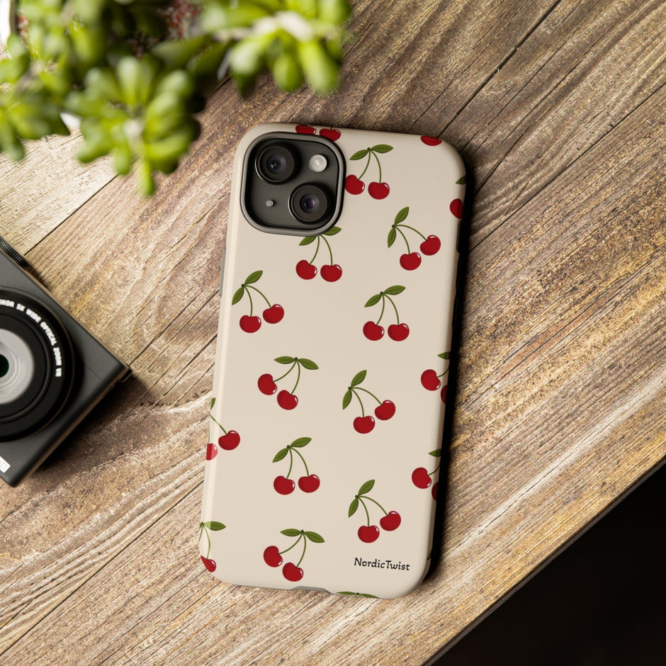 Cherry Pattern Tough Phone Case — Retro Red Cherries on Cream