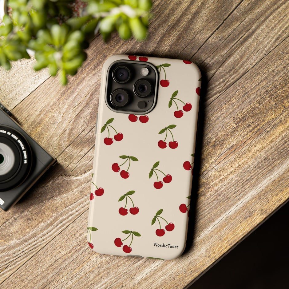 Cherry Pattern Tough Phone Case — Retro Red Cherries on Cream