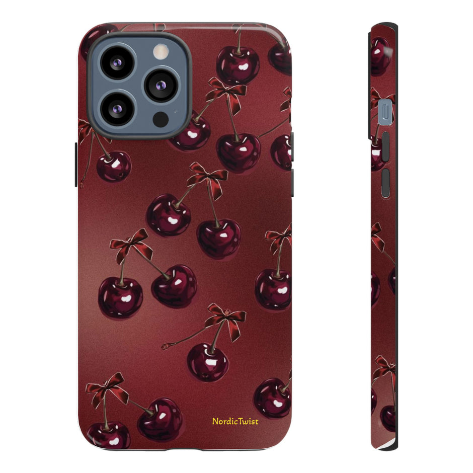 Cherry Pattern Tough Phone Case — Retro Dark Red Cherry iPhone Cover