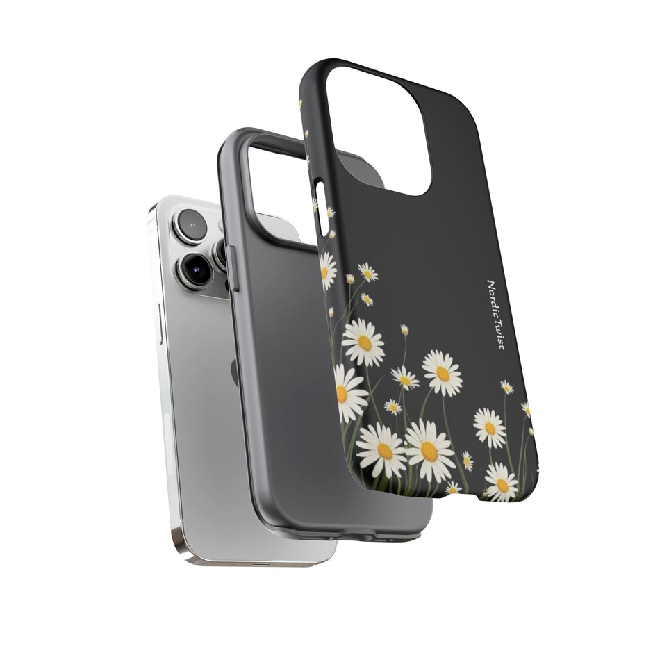 Daisy Floral Tough Phone Case – Protective Black Phone Cover with White Daisies