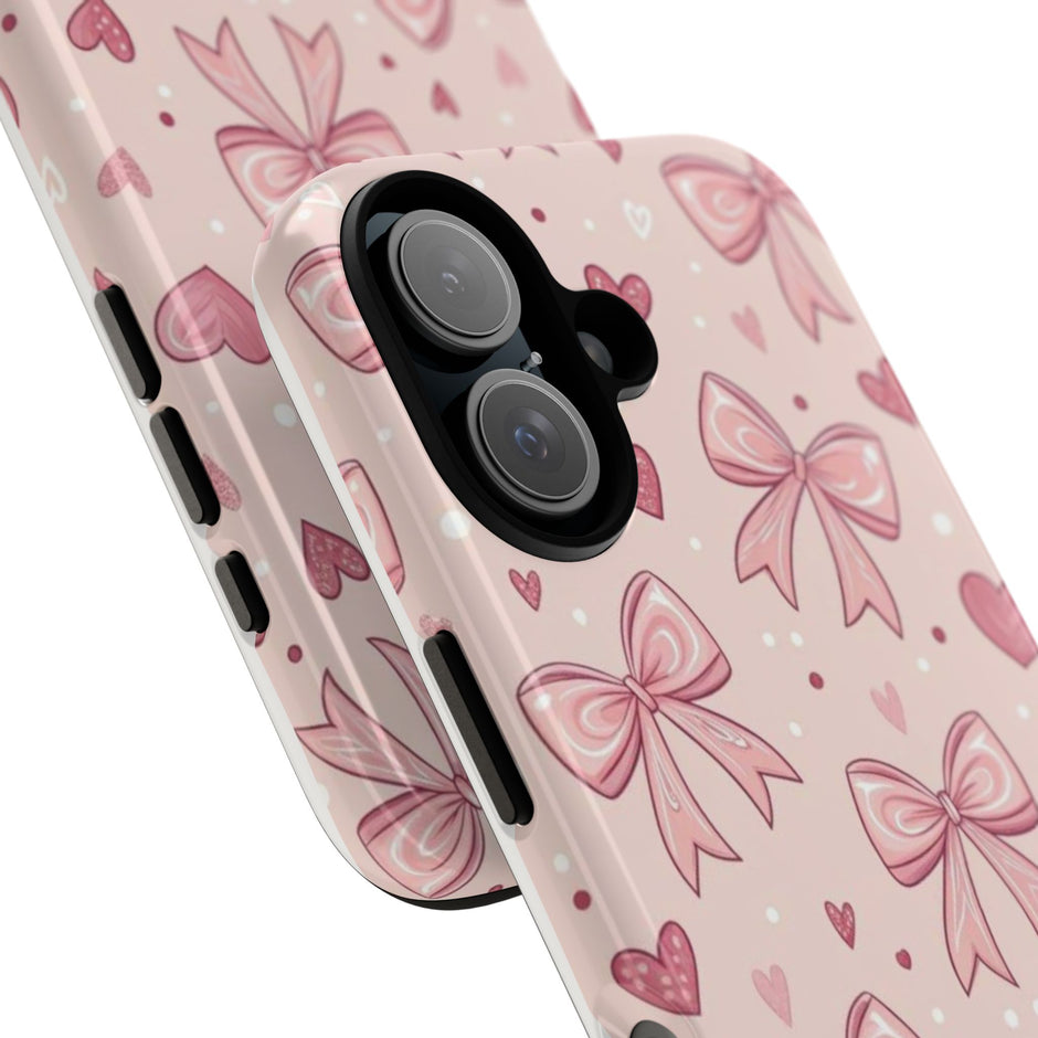 Pink Bow & Hearts Tough Phone Case — Cute Floral Ribbon iPhone Cover