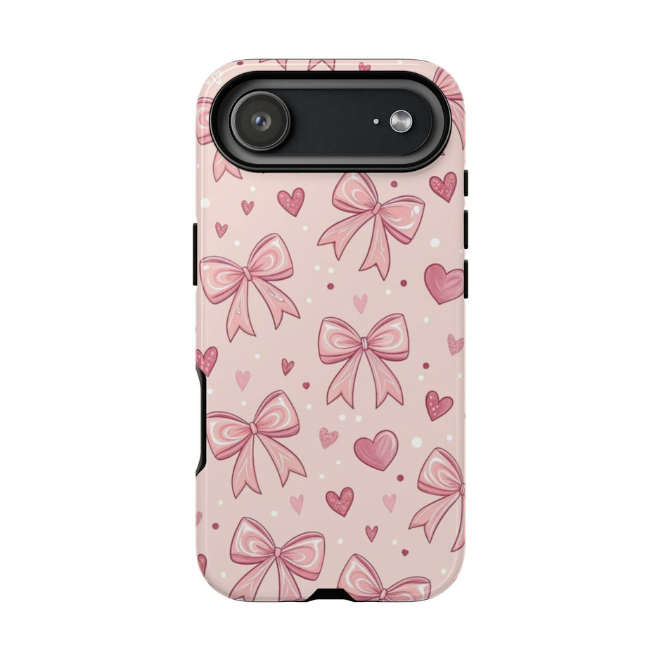 Pink Bow & Hearts Tough Phone Case — Cute Floral Ribbon iPhone Cover