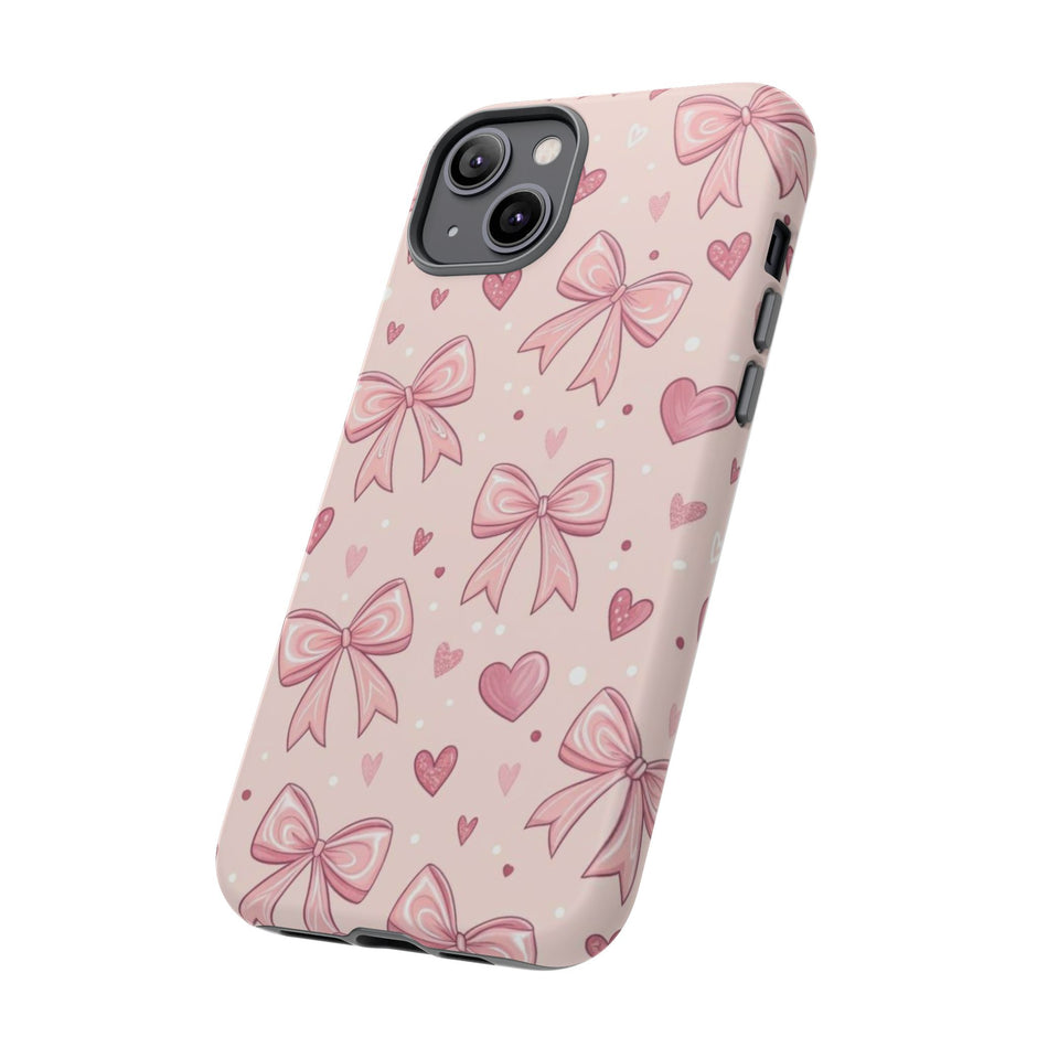 Pink Bow & Hearts Tough Phone Case — Cute Floral Ribbon iPhone Cover