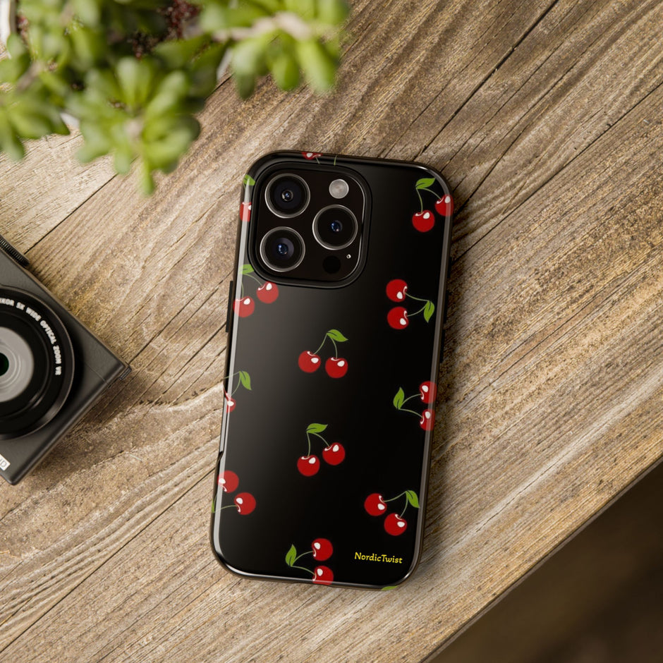 Cherry Pattern Tough Phone Case — Black Retro Cherry iPhone Cover
