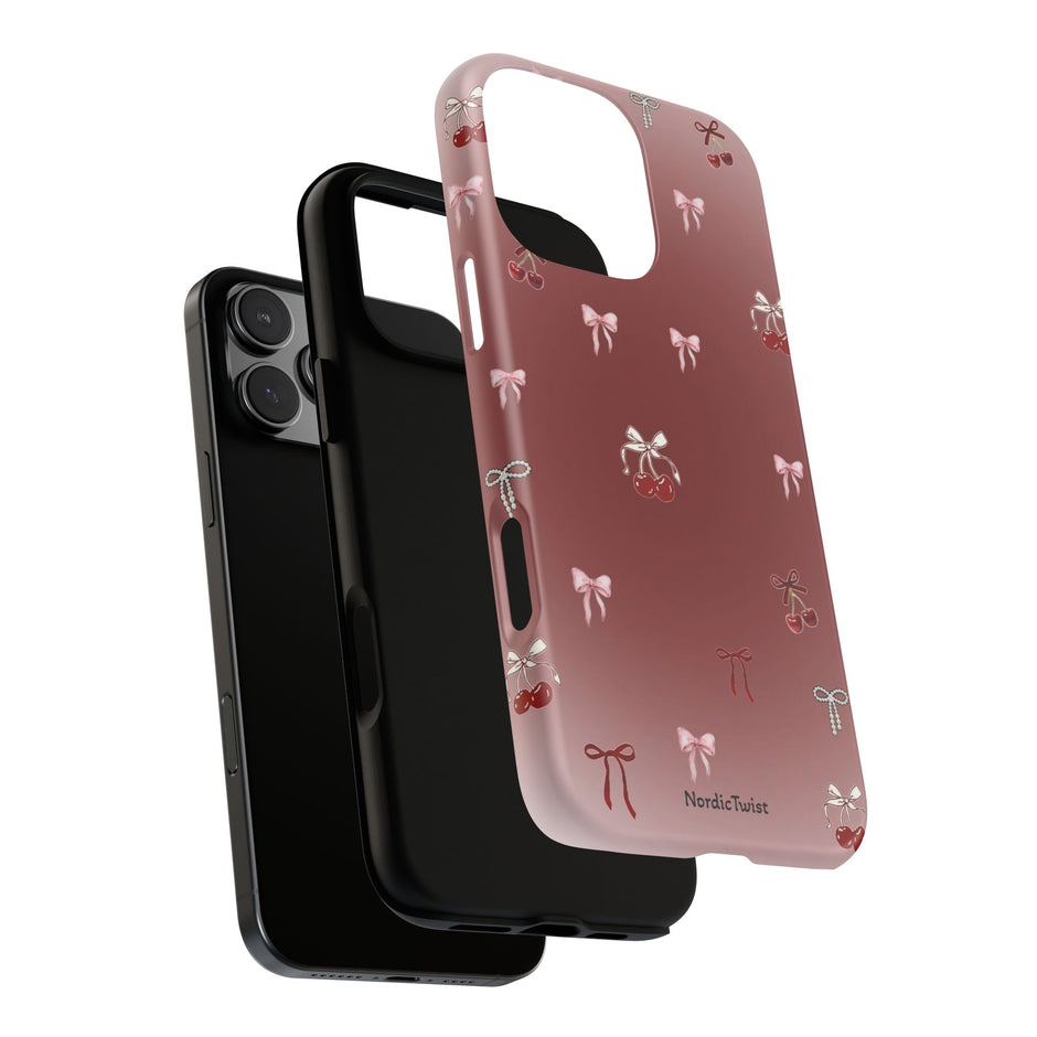 Cherry Bow Phone Case — Cute Red Gradient Protective Cover
