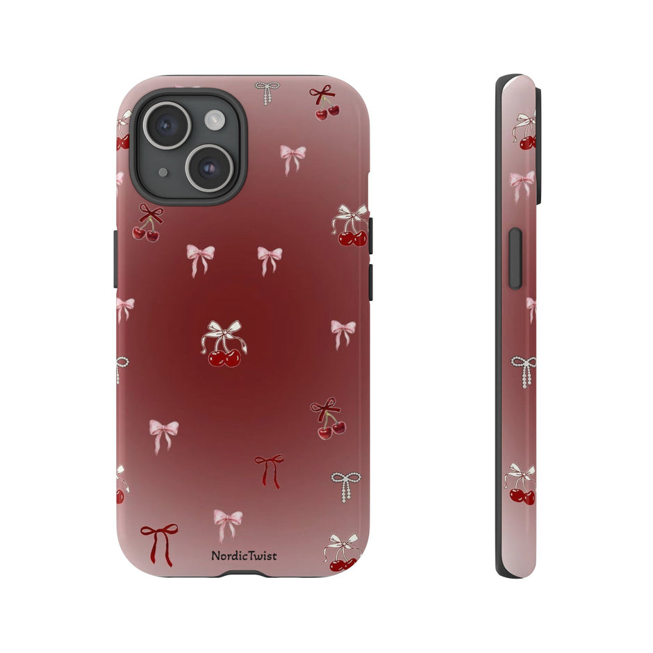 Cherry Bow Phone Case — Cute Red Gradient Protective Cover