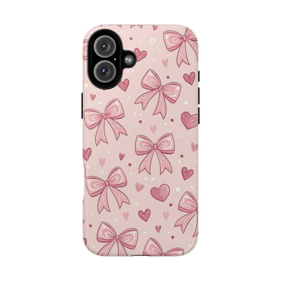 Pink Bow & Hearts Tough Phone Case — Cute Floral Ribbon iPhone Cover