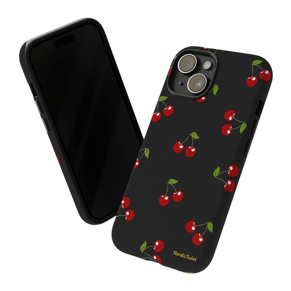Cherry Pattern Tough Phone Case — Black Retro Cherry iPhone Cover