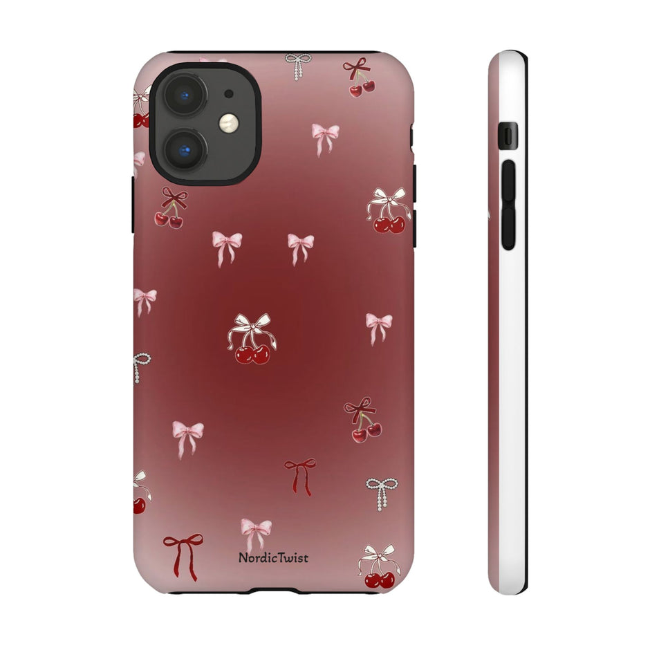 Cherry Bow Phone Case — Cute Red Gradient Protective Cover