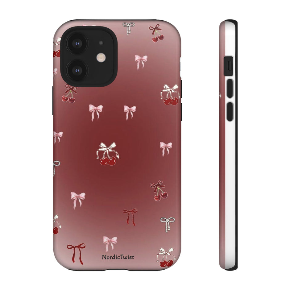 Cherry Bow Phone Case — Cute Red Gradient Protective Cover