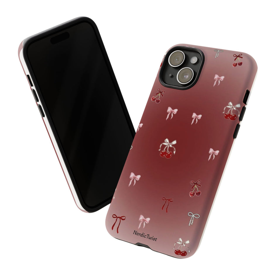 Cherry Bow Phone Case — Cute Red Gradient Protective Cover