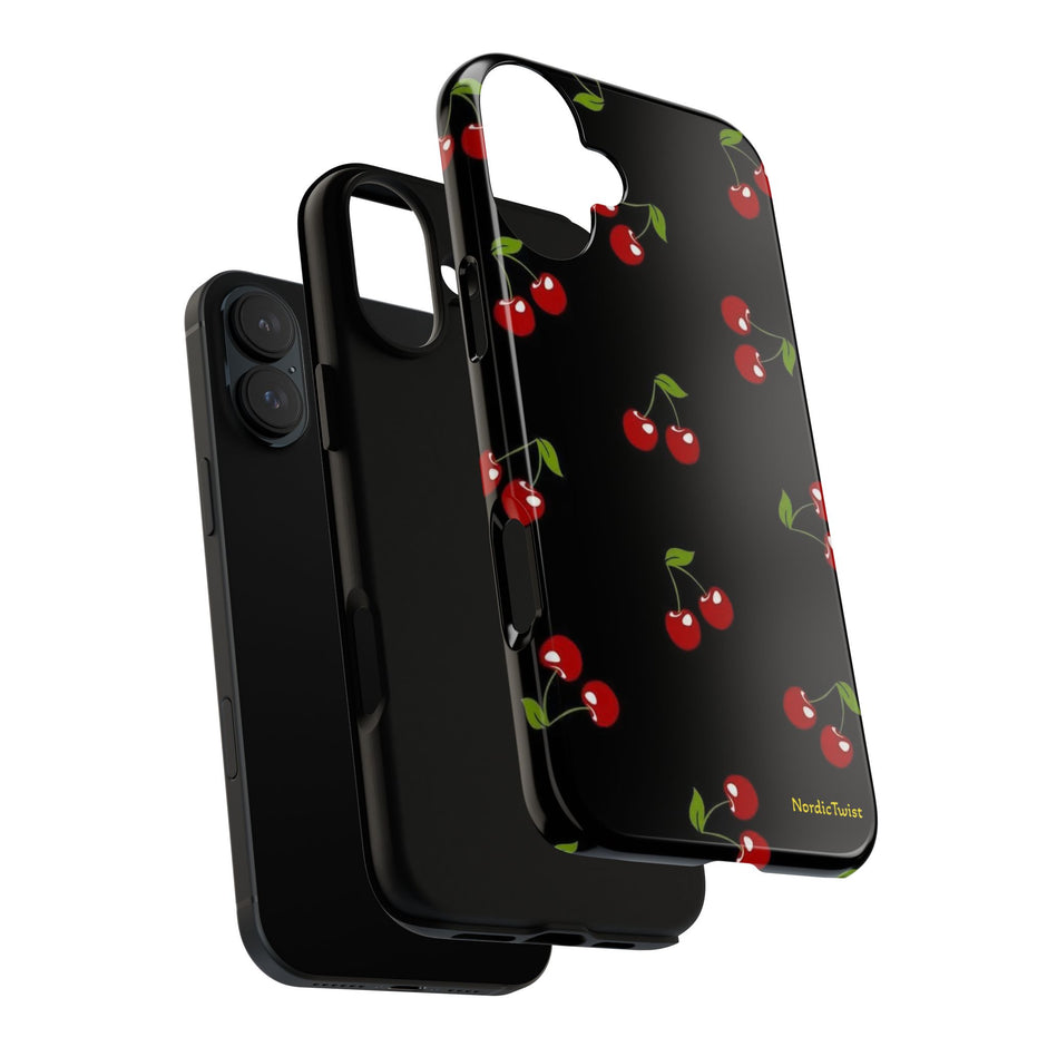 Cherry Pattern Tough Phone Case — Black Retro Cherry iPhone Cover