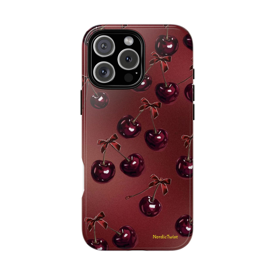 Cherry Pattern Tough Phone Case — Retro Dark Red Cherry iPhone Cover