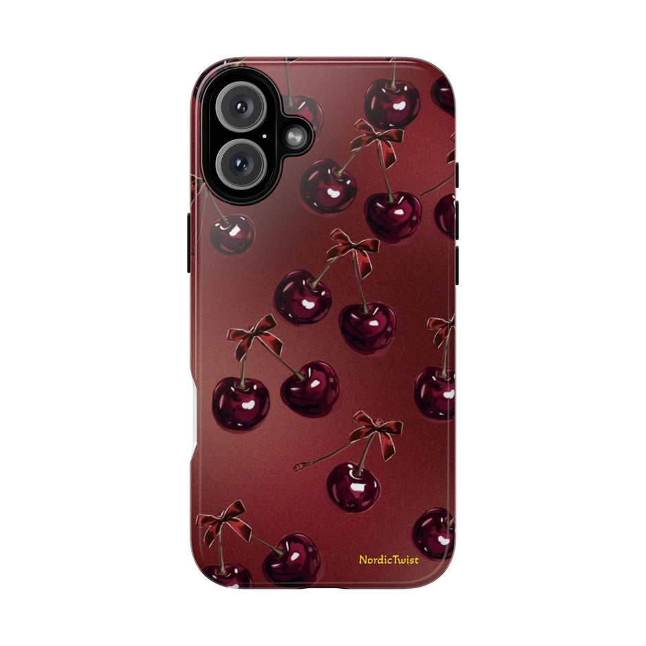 Cherry Pattern Tough Phone Case — Retro Dark Red Cherry iPhone Cover