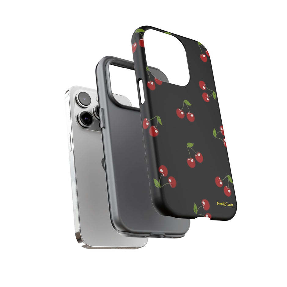Cherry Pattern Tough Phone Case — Black Retro Cherry iPhone Cover