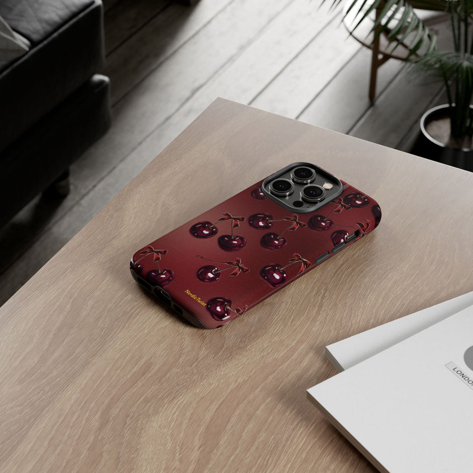 Cherry Pattern Tough Phone Case — Retro Dark Red Cherry iPhone Cover