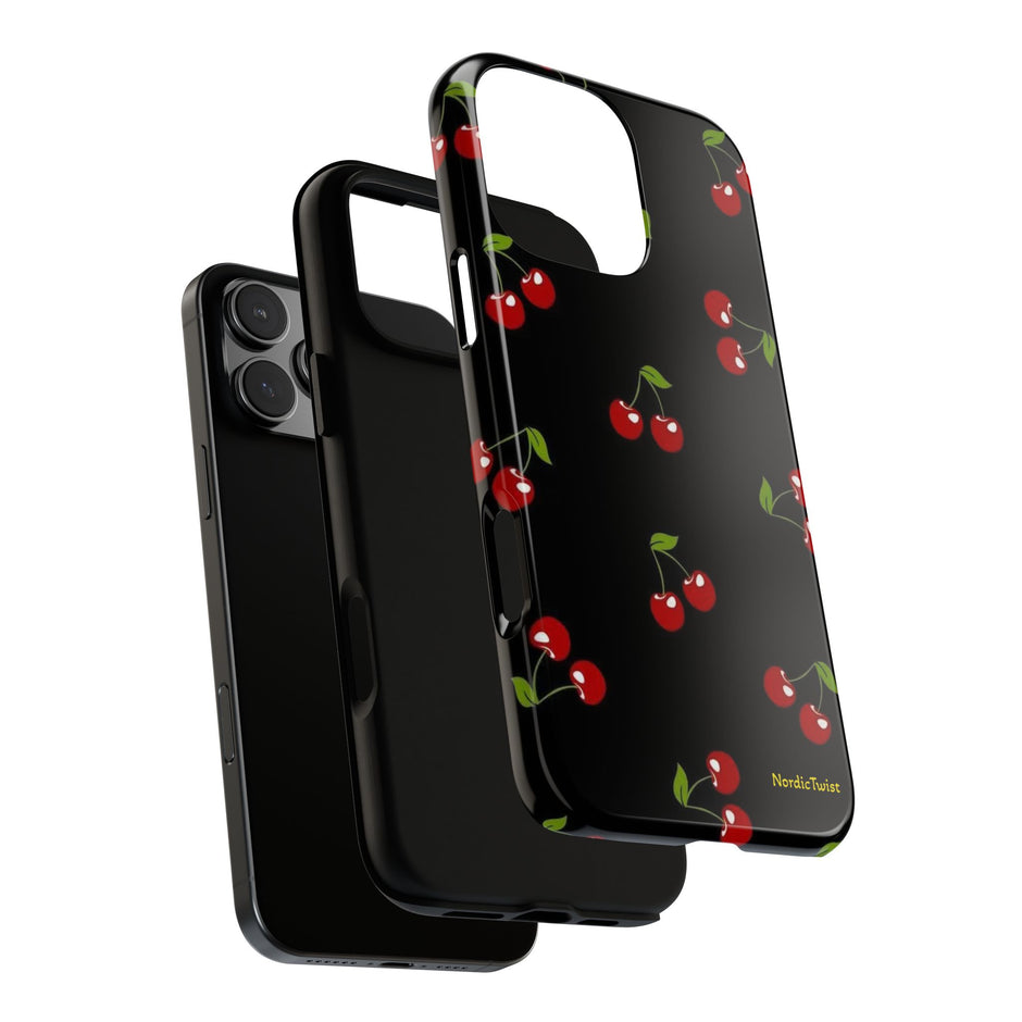 Cherry Pattern Tough Phone Case — Black Retro Cherry iPhone Cover