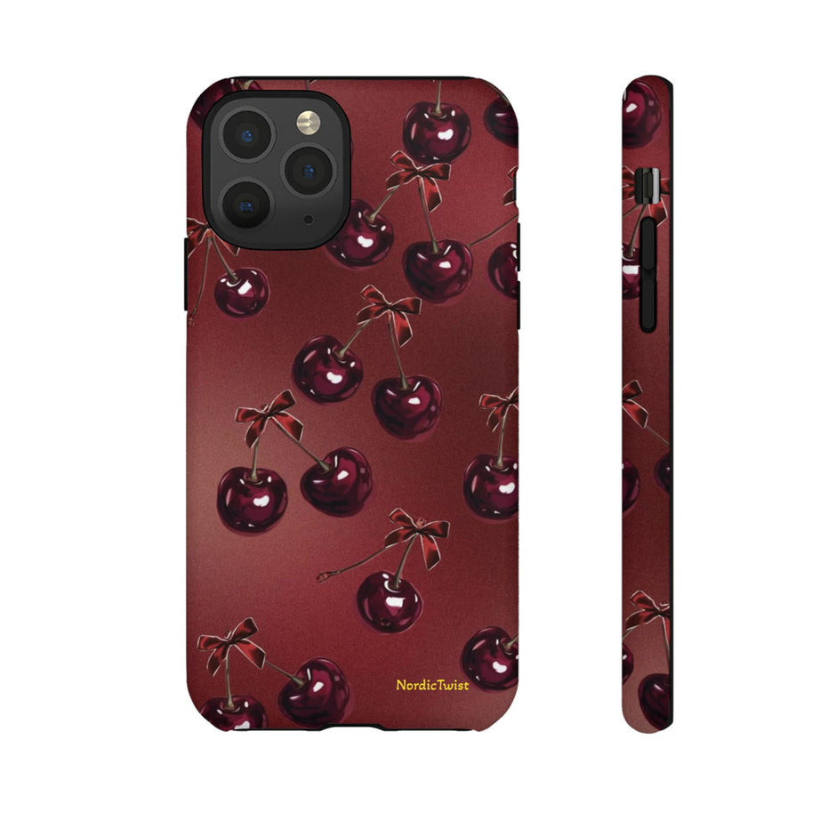 Cherry Pattern Tough Phone Case — Retro Dark Red Cherry iPhone Cover