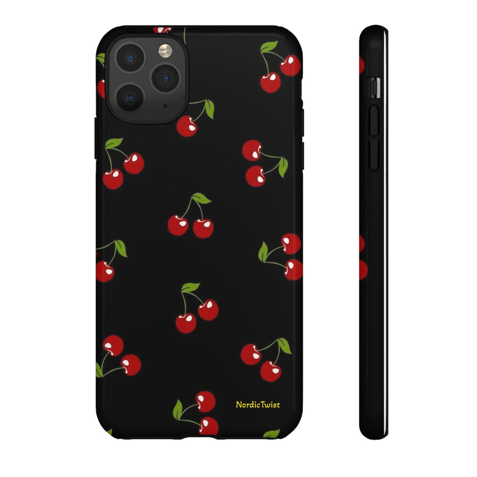 Cherry Pattern Tough Phone Case — Black Retro Cherry iPhone Cover