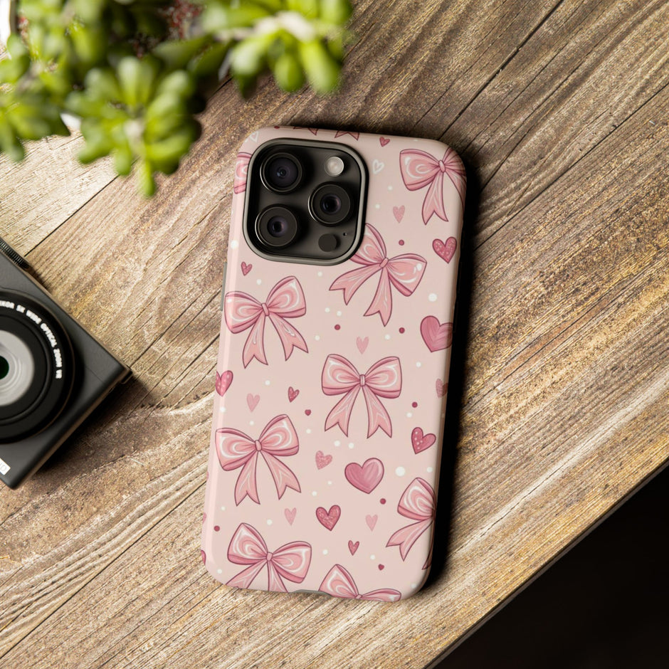 Pink Bow & Hearts Tough Phone Case — Cute Floral Ribbon iPhone Cover