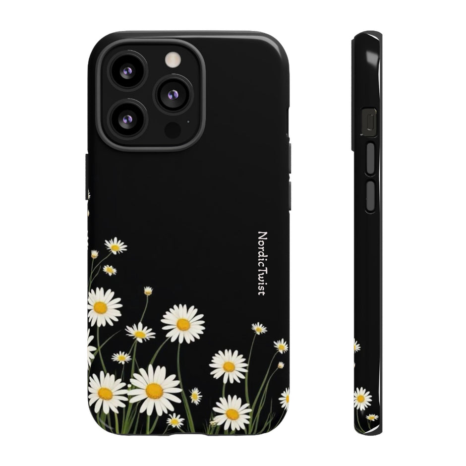 Daisy Floral Tough Phone Case – Protective Black Phone Cover with White Daisies