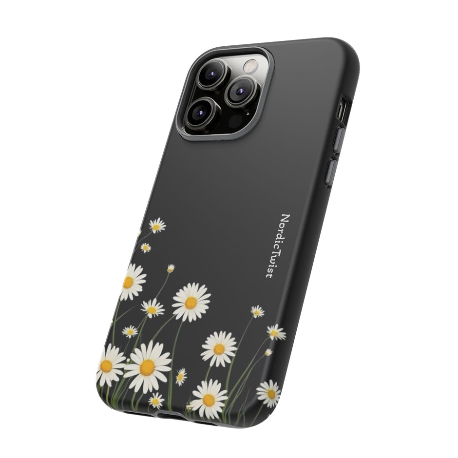 Daisy Floral Tough Phone Case – Protective Black Phone Cover with White Daisies