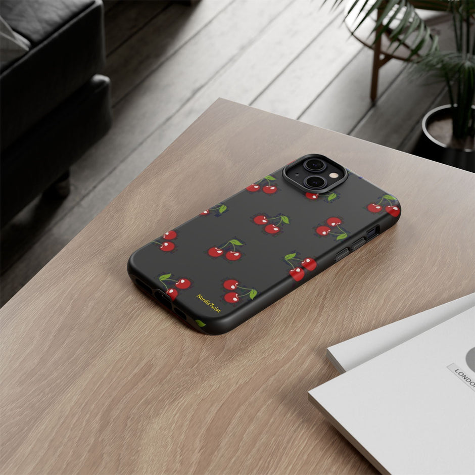 Cherry Pattern Tough Phone Case — Black Retro Cherry iPhone Cover