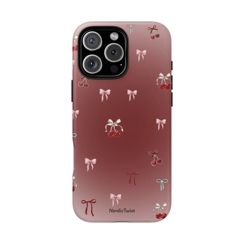 Cherry Bow Phone Case — Cute Red Gradient Protective Cover