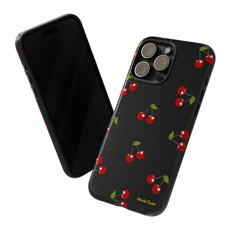Cherry Pattern Tough Phone Case — Black Retro Cherry iPhone Cover